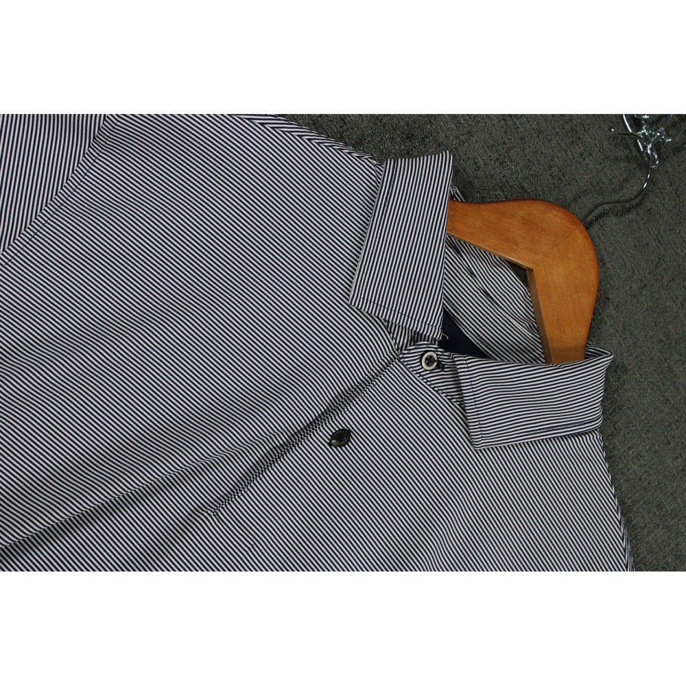 Fairway & Greene Mens Large Polo Shirt Navy White Micro Stripe Golf Short Sleeve